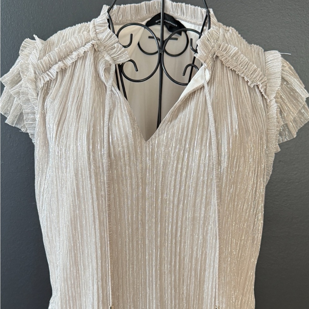 White House Black Market Metallic Pleated V-Neck Top